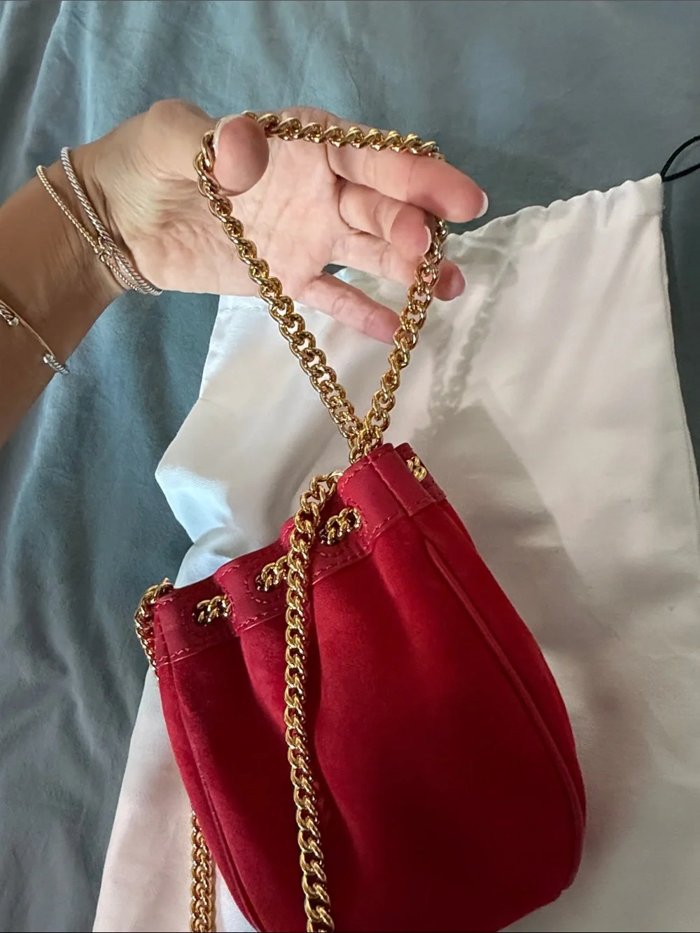 Philosophy di Lorenzo Serafini Red Suede Mini Bucket Bag w Gold Chain / Wristlet